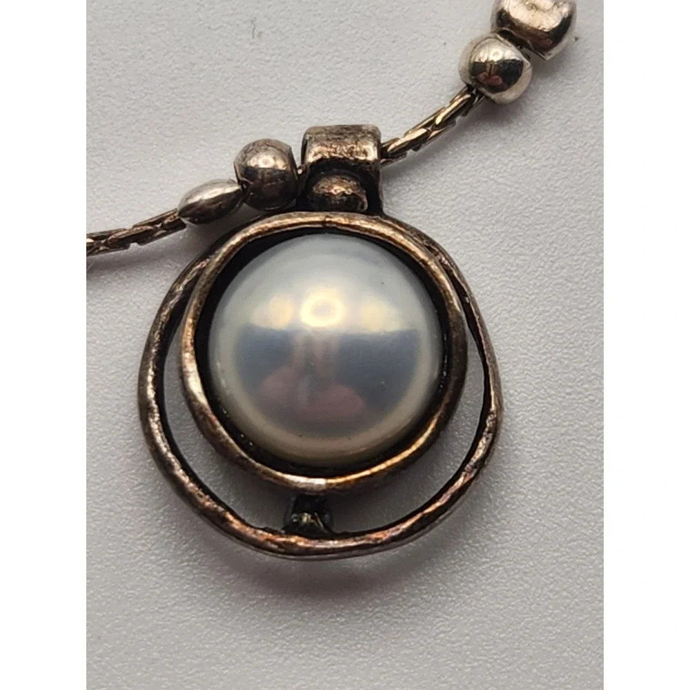 Hagar Satat Israel Sterling Silver 925 Pearl Station Necklace Pendant 17 Inch‎